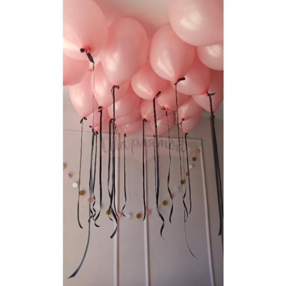 Шары в потолок розовые 21 шт + атласные ленты, наполнены гелием