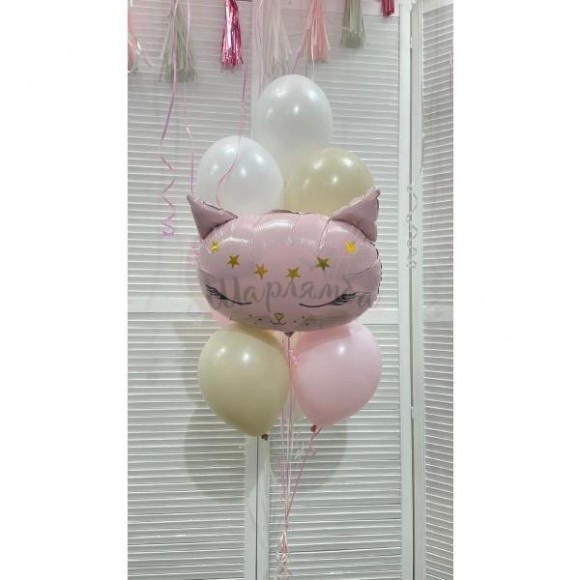 Фонтан из воздушных шаров "Киса макарунс", наполнены гелием