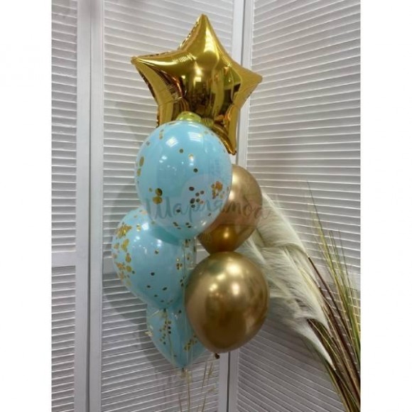 Фонтан из воздушных шаров "Золото+голубой", наполнены гелием